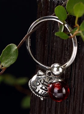 纯银戒指女招财猫S925铃铛开口