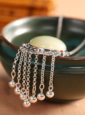 古韵泰银复古项饰s925银饰品女式和田玉流苏吊坠毛衣链小众礼物女