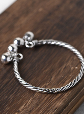 泰国清迈手工银纯银麻花手镯吉祥珠铃铛泰银手环女款老银匠手工