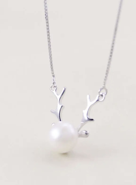 珍珠鹿角项链日韩简约甜美百搭女S925纯银小鹿锁骨短链送女友礼物