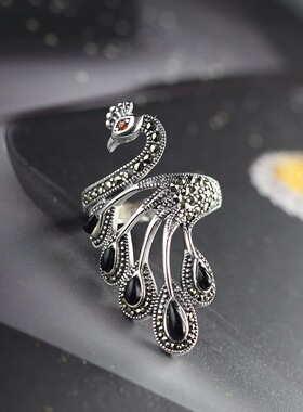 s925纯银复古孔雀黑玉髓戒指女可调节指环个性小众民族老银匠手工