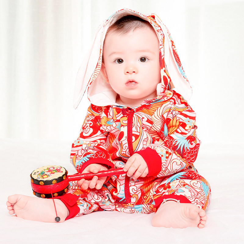 新生兔帽连体衣服纯棉夹绒夹棉哈衣 妙贝辛连身衣/爬服/哈衣