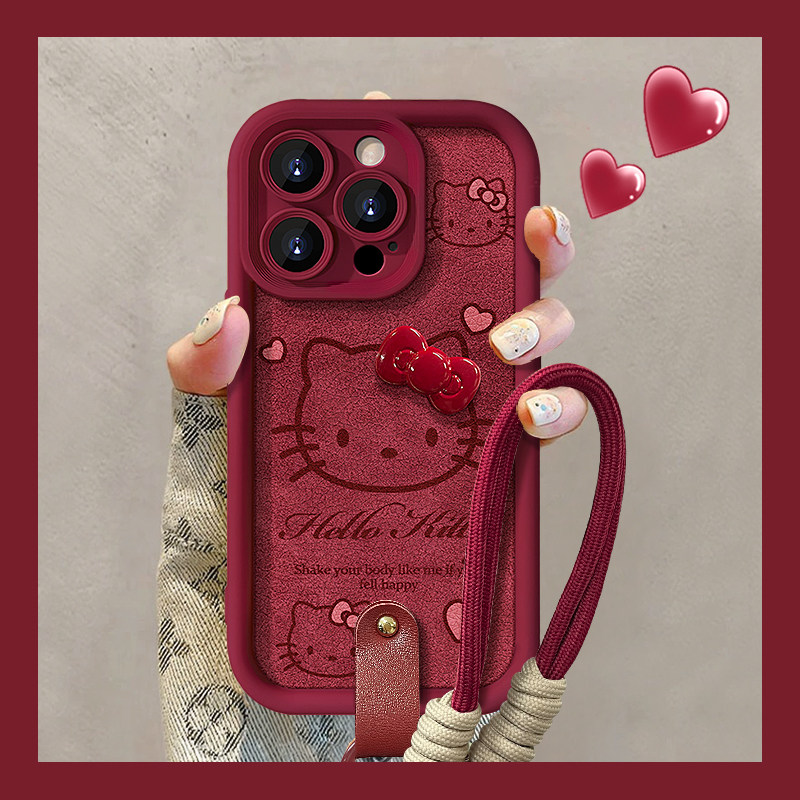 适用苹果16pro手机壳14promax小羊皮红色2025新年女款iPhone15plus猫咪蝴蝶结挂绳13挂绳12高级11磨砂xs/xr套