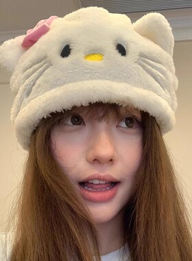 日系甜美卡通hellokitty毛绒帽子元气秋冬白色凯蒂猫少女心护耳帽