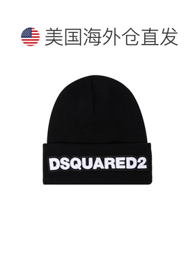 自营dsquared2罗纹针织羊毛折叠徽标帽子-黑色 美国奥莱直发