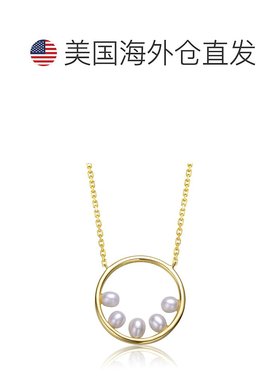 自营 genevive纯银 14k 黄金镀白珍珠光环永恒圆形吊坠分层项链 -