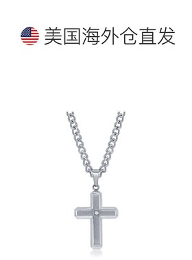 自营blackjack不锈钢拉丝和抛光钢带单条 CZ 十字架项链 银白色
