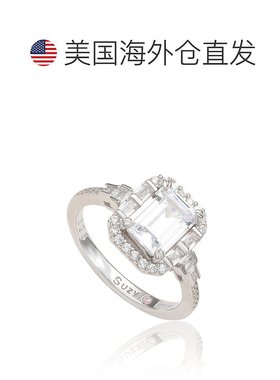 自营 Suzy Levian 纯银祖母绿切割白色方晶锆石订婚戒指 - 白色