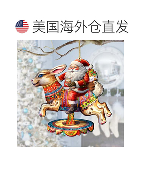 自营圣诞老人骑着兔子旋转木马，由 G. Debrekht 制作的木制装饰