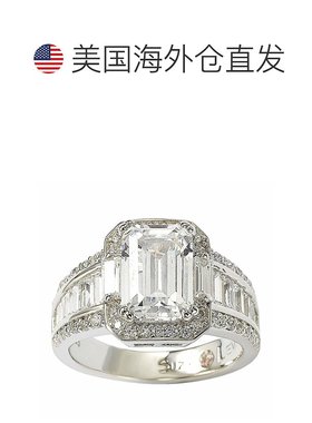 自营 Suzy Levian 纯银白色祖母绿切割立方氧化锆订婚戒指 - 白色
