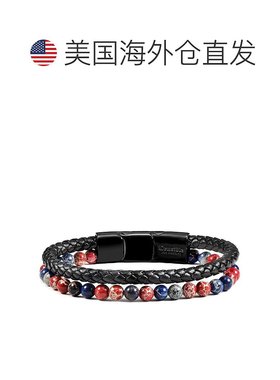自营 Crucible 洛杉矶黑色皮革黑色扣环蓝色和红色帝王碧玉手链 -
