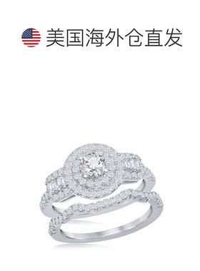 自营 simona 925 纯银圆形双光环长方形宝石 CZ 侧石订婚戒指套装