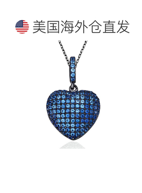 自营Suzy Levian 蓝色立方氧化锆黑色纯银密镶心形吊坠 美国奥莱