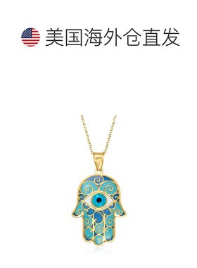 Ross-Simons 蓝色珐琅 Hamsa 手吊坠项链 14 克拉黄金 18 英寸 【