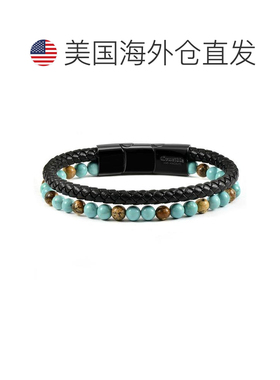 自营Crucible 洛杉矶黑色皮革黑色扣环黄色和绿色宝石手链 - 蓝色