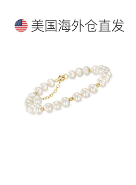 自营Ross-Simons 6.5-7 毫米养珠和 14 克拉黄金珠站手链 - 7 英