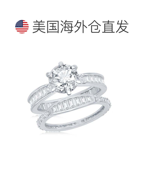 自营 simona 925 纯银六爪长方形 CZ 带订婚戒指套装 - 银白色 美