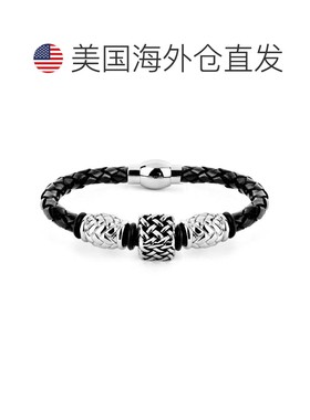 自营Crucible Los Angeles 不锈钢方形串珠黑色编织皮革手链（12