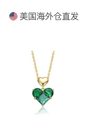 自营 genevive纯银14k镀金祖母绿立方氧化锆双心吊坠项链-绿色 美