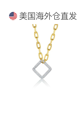 自营 genevive14k 镀金优雅链带闪亮钻石三角纯银吊坠项链方晶锆