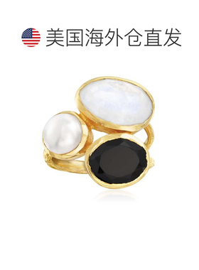 自营Ross-Simons 8 毫米养殖珍珠、黑缟玛瑙和月长石戒指 18kt 金