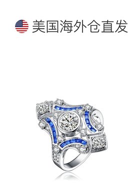 自营 GENEVIVE 纯银蓝宝石立方氧化锆几何鸡尾酒戒指 - 蓝色 美国