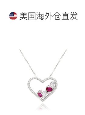 自营 Suzy Levian 纯银红宝石和白色方晶锆石心形吊坠项链 - 粉红