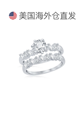 自营simona 925 纯银六爪多形半带长方形 CZ 订婚戒指套装 银白色
