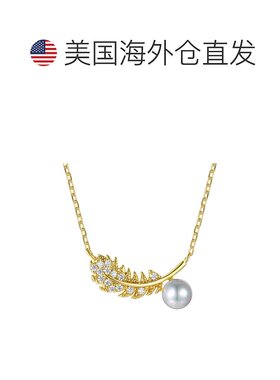 自营 genevive14k 镀金纯银钻石方晶锆石和人造珍珠蕨叶项链 - 黄