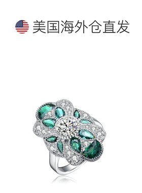 自营 GENEVIVE 纯银翡翠立方氧化锆花卉鸡尾酒戒指 - 绿色 美国奥