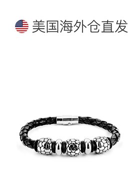 自营 Crucible Los Angeles 不锈钢串珠黑色编织皮革手链（13 毫-