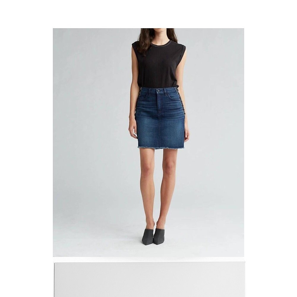 自营 hudsonLulu Nightfall Jean Raw Hem Side Lace Up Skirt In - 图3