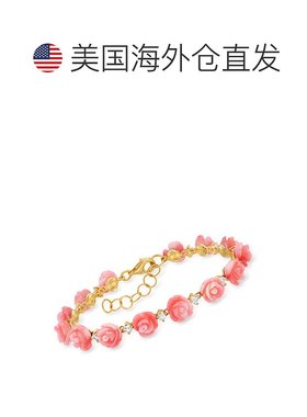 自营 Ross-Simons 粉色珊瑚和白色托帕石玫瑰手链 18kt 金镀在纯