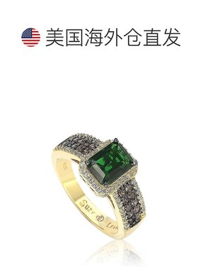 自营 Suzy Levian 黄金纯银祖母绿切割绿色和棕色立方氧化锆光环