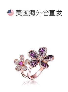 自营 genevive纯银玫瑰金和镀黑多色立方氧化锆花卉戒指 - 多色