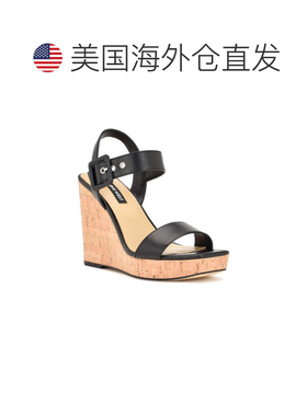 自营Nine West Courts Sandals Women's Black Ankle Strap Wedge