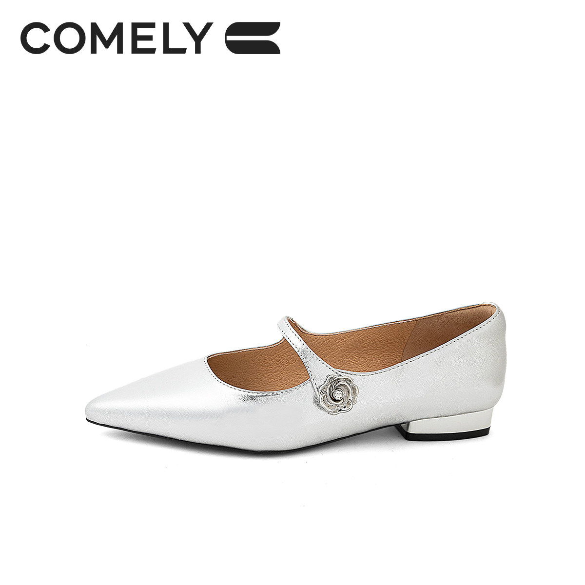 康莉商场新款真皮玛丽珍鞋女2024年秋季新款尖头银色平底高级女鞋,淘宝优惠券,粉丝福利购,淘宝优惠卷