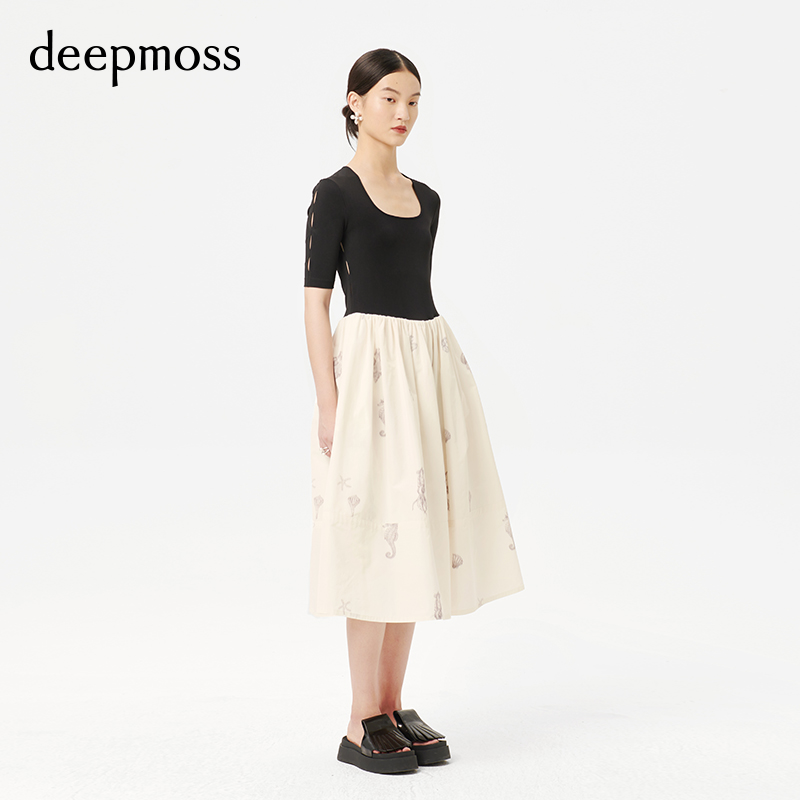 【deepmoss】 新款时尚潮流原创设计海洋印花拼接A字连衣裙女 - 图0