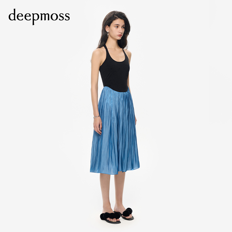 【deepmoss】气质女装复古潮流修身水泽拼接吊带连衣裙长裙A字裙 - 图1