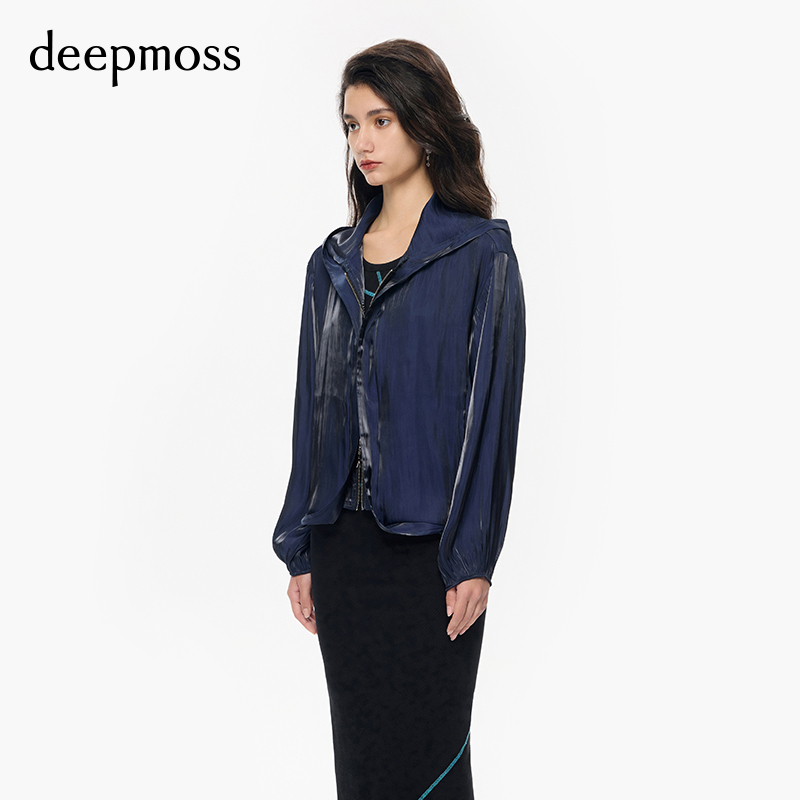 【deepmoss】春夏女装时尚复古潮流轻薄长袖水泽连帽拉链外套上衣 - 图1