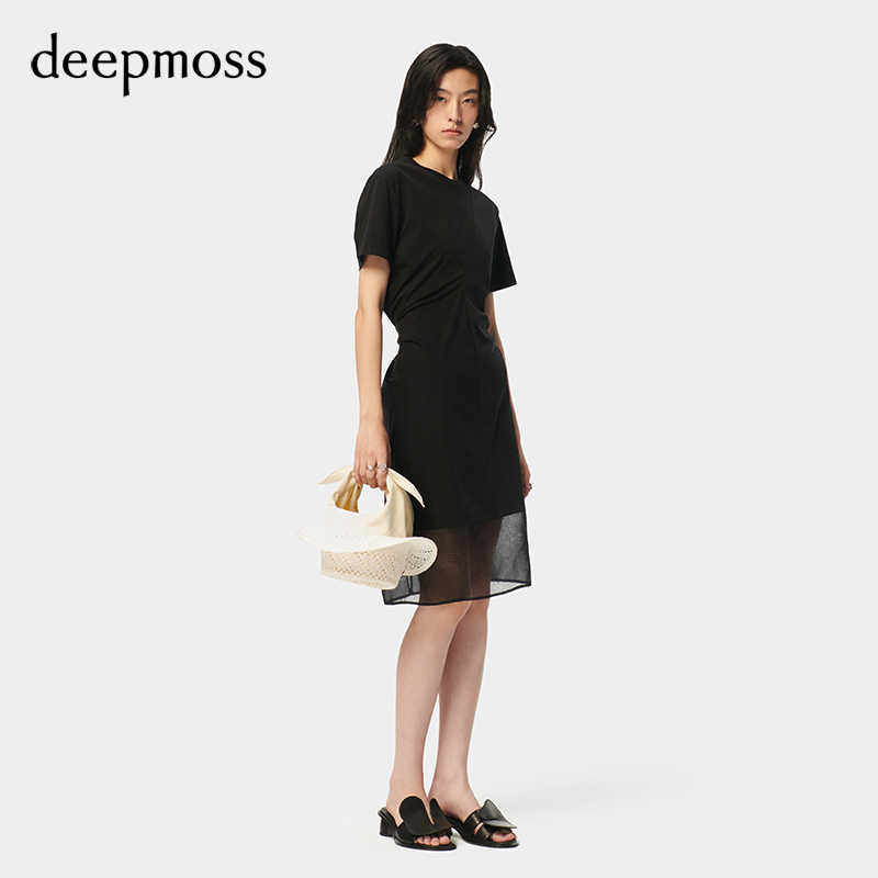 【deepmoss】2024春夏新款时尚休闲气质弧形分割收腰拼接连衣裙女 - 图1