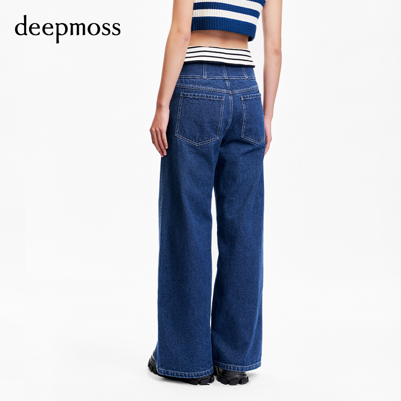 【deepmoss】新款潮流气质条纹休闲高腰翻边阔腿百搭牛仔裤女 - 图2