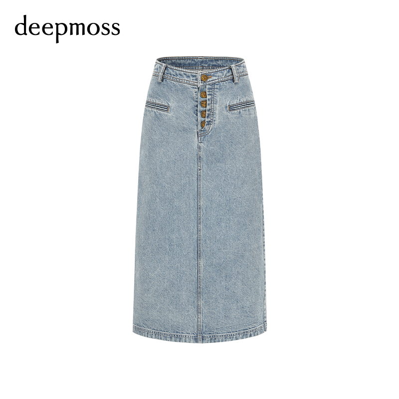 【deepmoss】春夏休闲时尚复古潮流内嵌金币牛仔直筒中长半身裙女 - 图3