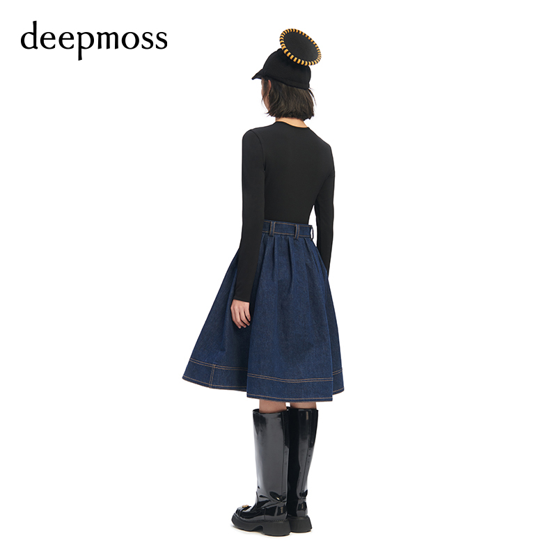 【deepmoss】春夏女装时尚复古潮流休闲拼接牛仔拼色连衣裙A字裙 - 图2