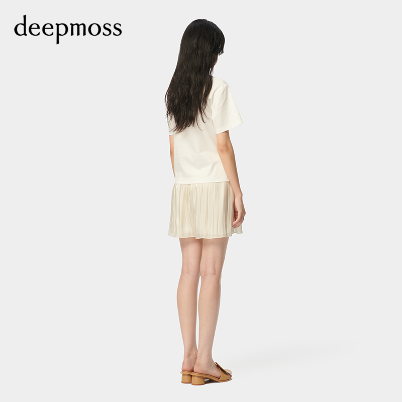 【deepmoss】2024春夏新款女装时尚休闲气质网纱拼接荡褶短袖T恤 - 图2