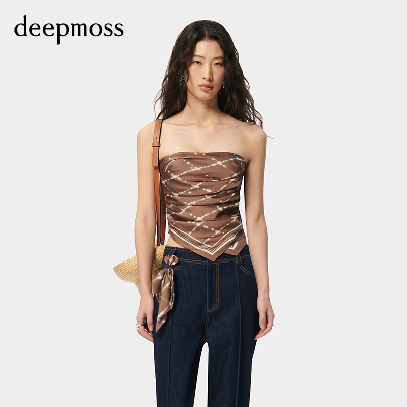 【deepmoss】2024春夏新款女装时尚气质光晕丝巾抹胸显瘦百搭上衣 - 图0