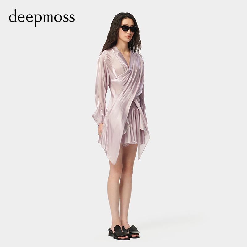 【deepmoss】2024春夏新款女时尚休闲气质优雅水泽交叠衬衫连衣裙 - 图1