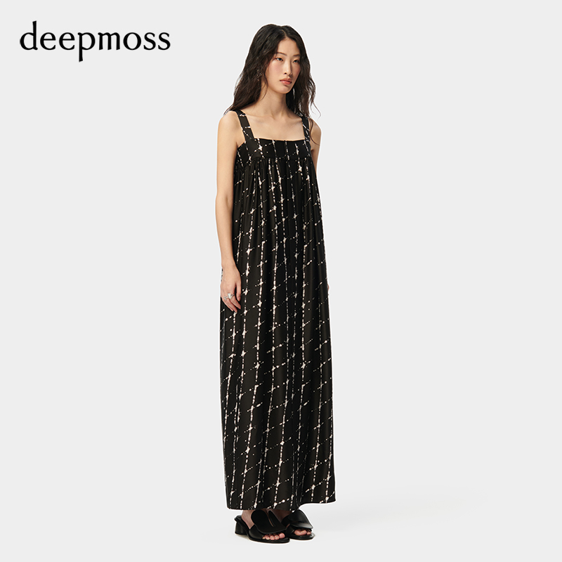 【deepmoss】2024春夏新款女装时尚休闲气质光晕印花吊带连衣裙 - 图1