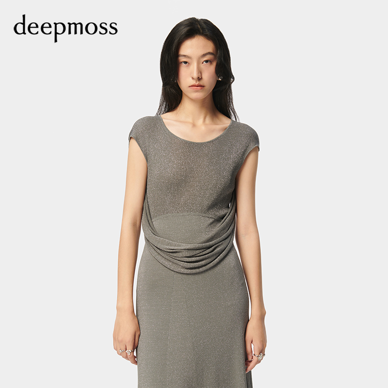 【deepmoss】2024春夏新款女装时尚水泽精致亮丝垂荡无袖连衣长裙 - 图0