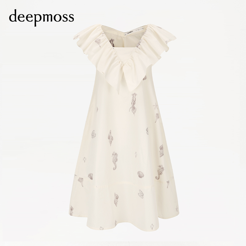 【deepmoss】潮流海洋印花V领小香风荷叶边A字连衣裙女士 - 图3